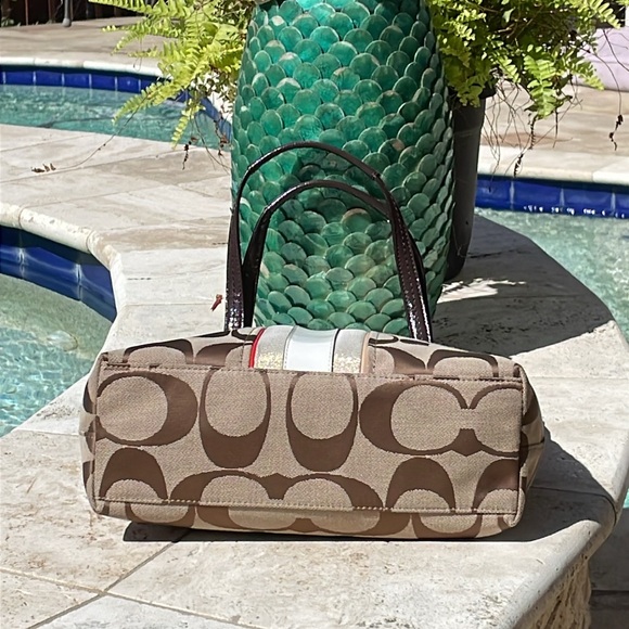 Coach Signature C Khaki/Vermillion Multi Stripe Tote/Shoulder Bag - Picture 10 of 17